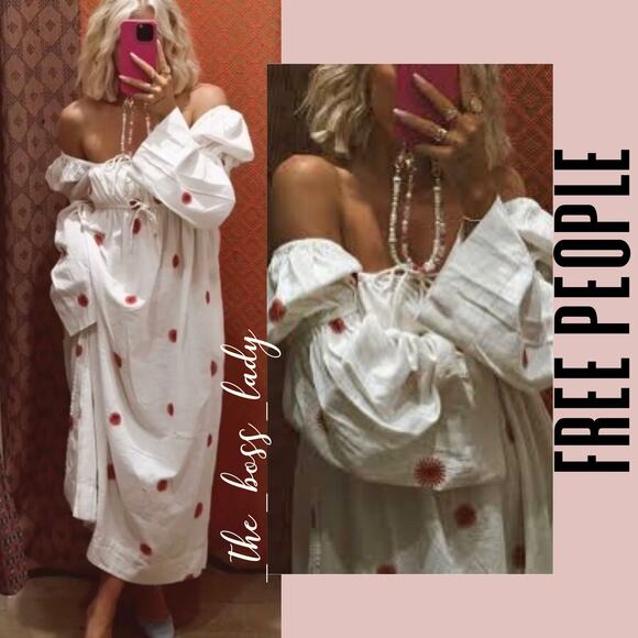 Free People dress maxi embroidered cotton linen color white/red size small NWOT - Picture 3 of 12